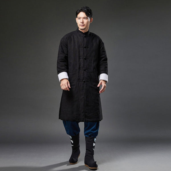 2021 Winter NEW! Men Retro Chinese Style Linen and Cotton Quilted Long Tunic Coat