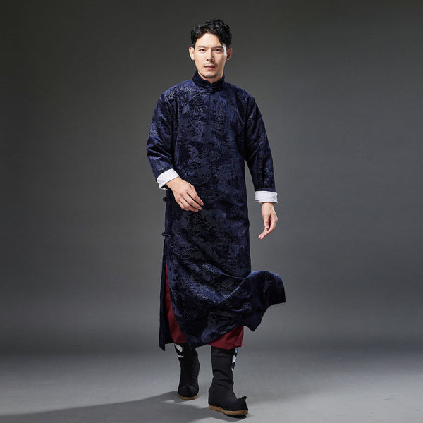 2021 Winter NEW! Men Classic Chinese Style Linen Long Sleeve Dragon Printed KungFu Cheongsam