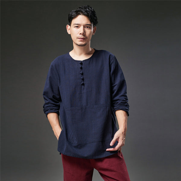 2021 Autumn NEW! Men Retro Style Linen and Cotton Pullover Long Sleeve T-shirt