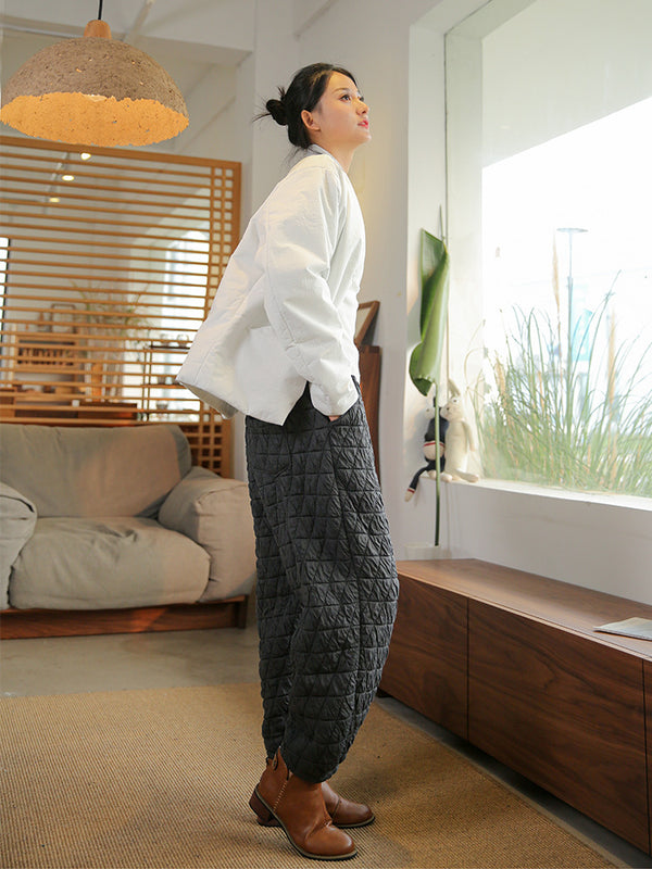 2021 Winter NEW! Women Linen and Cotton Hidden Grid Style Lantern Cropped Pants