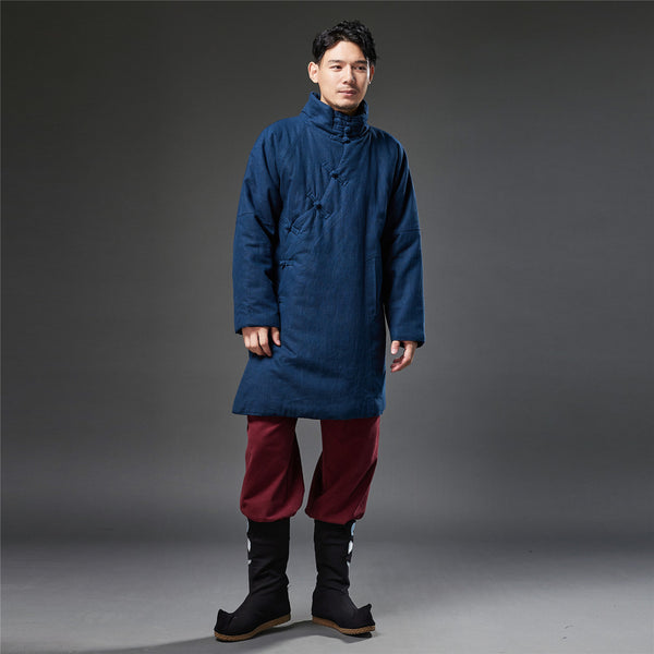 2021 Winter NEW! Men Retro Style Linen and Cotton Quilted Side Buckle Coat