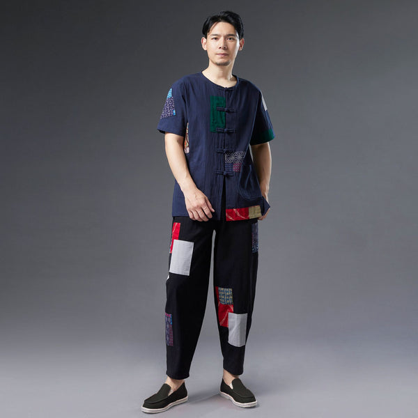 Men Casual Retro Style Patchwork Linen and Cotton Loose Drawstring Pants