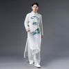 Men Classic Asian Style Linen Long Sleeve Round Collar Landscaping Printed Cheongsam