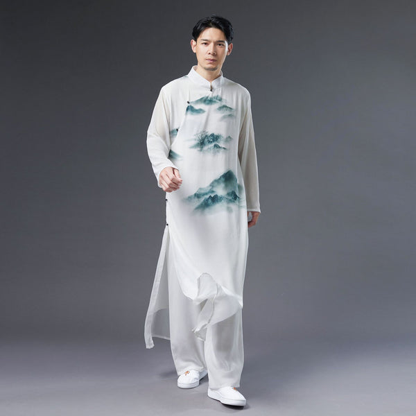 Men Classic Asian Style Linen Long Sleeve Round Collar Landscaping Printed Cheongsam