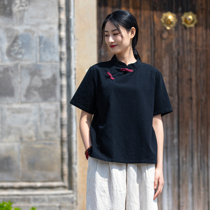 Summer NEW! Women Eastern Ethnic Style Wrinkled Linen and Cotton Short Sleeves Shirt