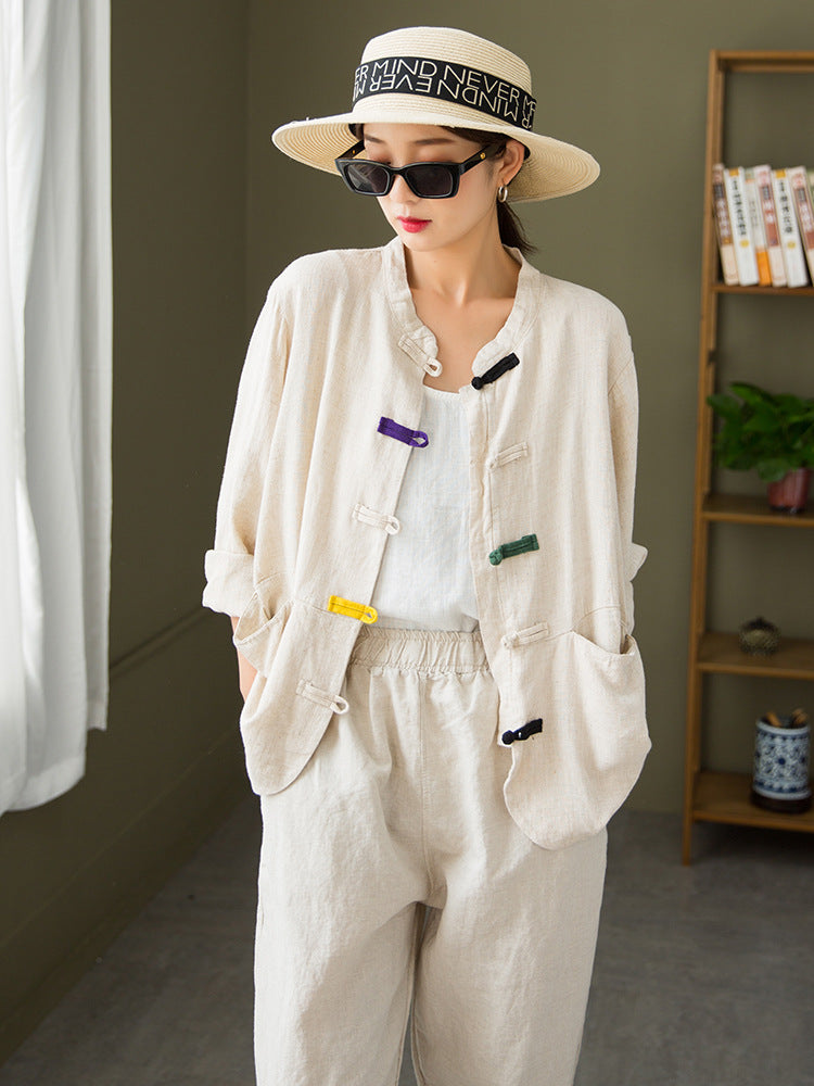 Autumn NEW! Women Round Collar Zen Style Linen and Cotton Long Sleeves Thin Cardigan Jacket and Pants