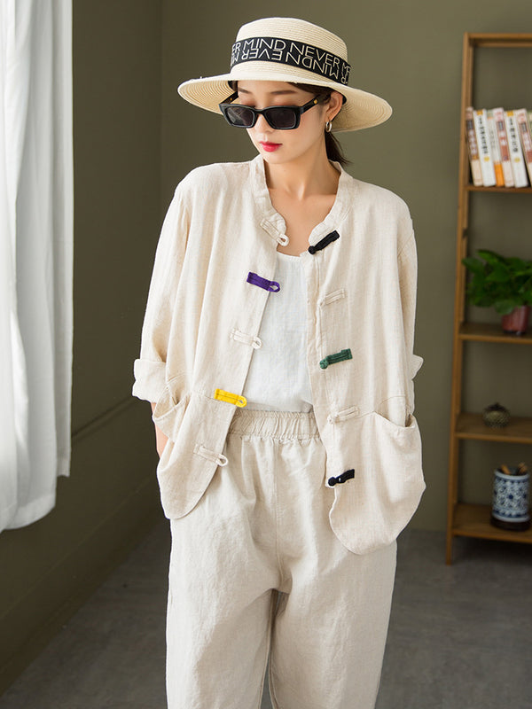 2021 Autumn NEW! Women Round Collar Zen Style Linen and Cotton Long Sleeves Thin Cardigan Jacket and Pants