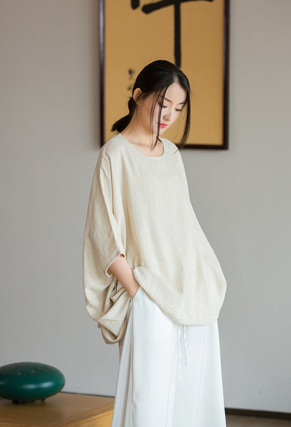 2022 Summer NEW! Women Casual Style Linen and Cotton Long Loose Mid Sleeve T-Shirt
