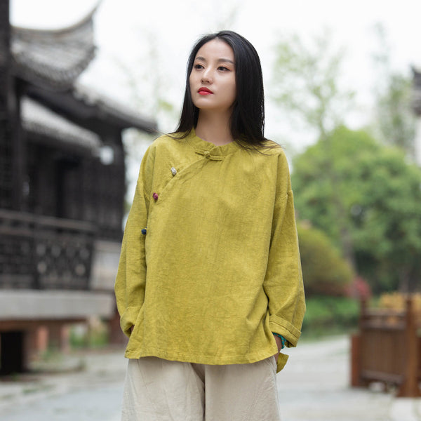 Women Round Collar Zen Style Linen and Cotton Long Sleeves Side Cardigan Shirt