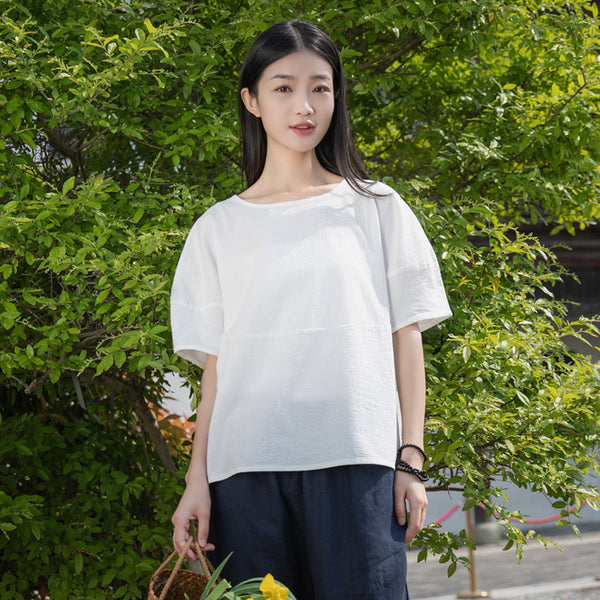 2022 Summer NEW! Women Causal Style Linen and Cotton Round Necked Short Sleeves Shirt