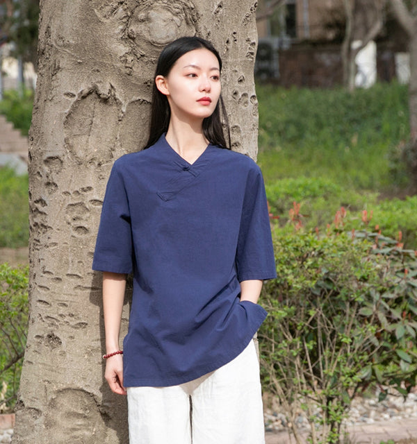 Women Asian Style Linen and Cotton Middle Sleeves Chinese Blouse