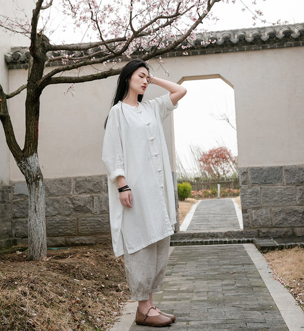 Women Zen Style Linen and Cotton Long Sleeves Thin Tunic Jacket