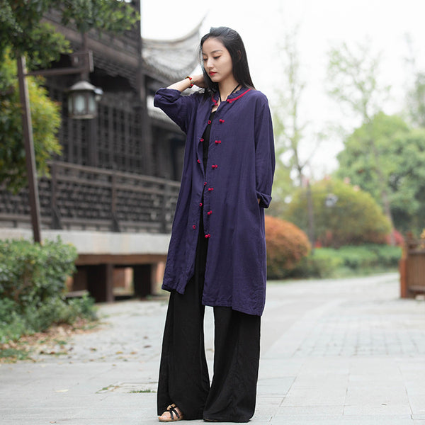 Women Round Collar Asian Style Linen and Cotton Long-sleeved Coat