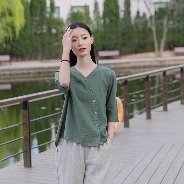 Women Linen and Cotton Middle Sleeves Cardigan Shirt