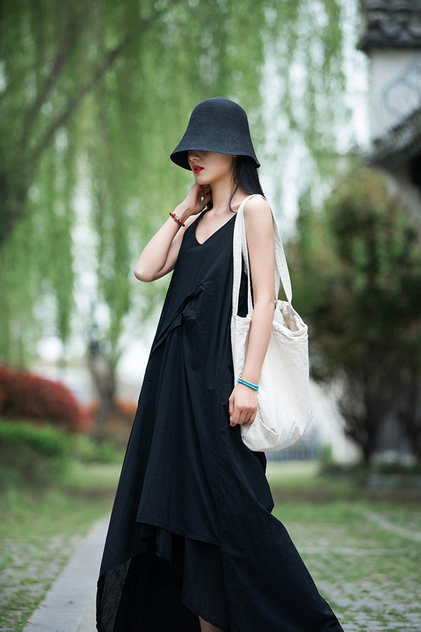 Women Loose Linen and Cotton Pure Color Layered Slip Dress