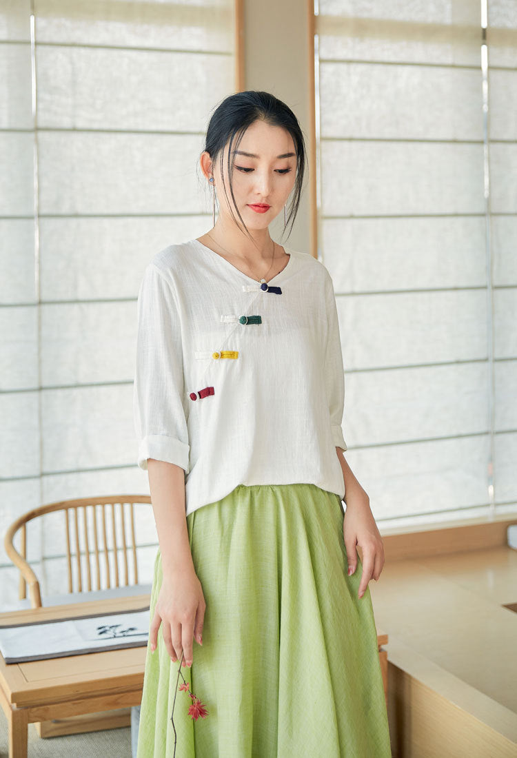 Summer NEW! Women Eastern Style Linen and Cotton Mid Sleeve Shirt