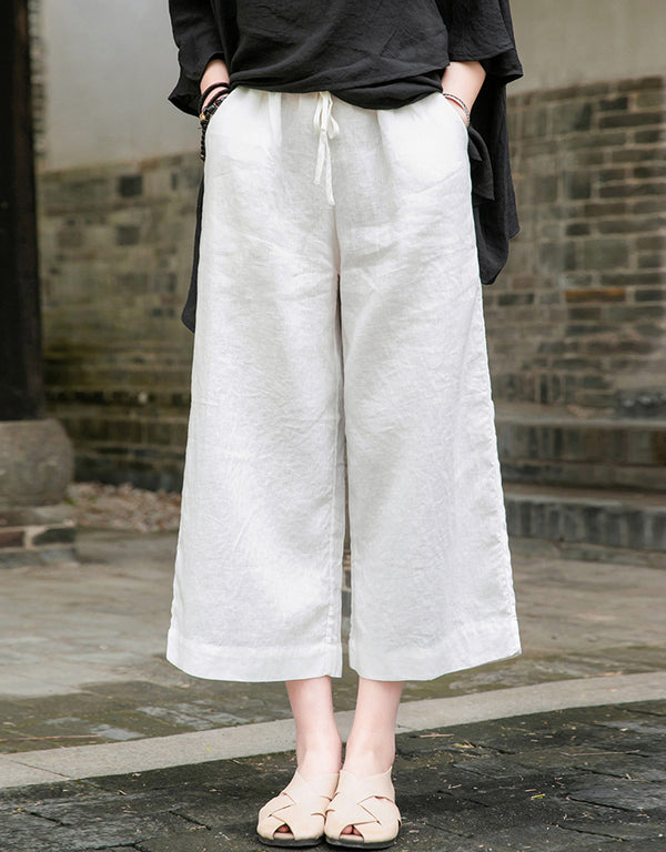 Women Casual Style Linen and Cotton Lantern Cropped Wide Leg Pants