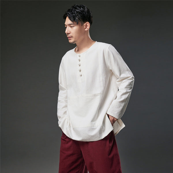 2021 Autumn NEW! Men Retro Style Linen and Cotton Pullover Long Sleeve T-shirt