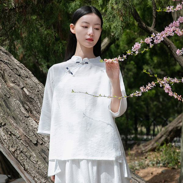 Women Retro Style Linen and Cotton Middle Sleeves Light Chinese Blouse