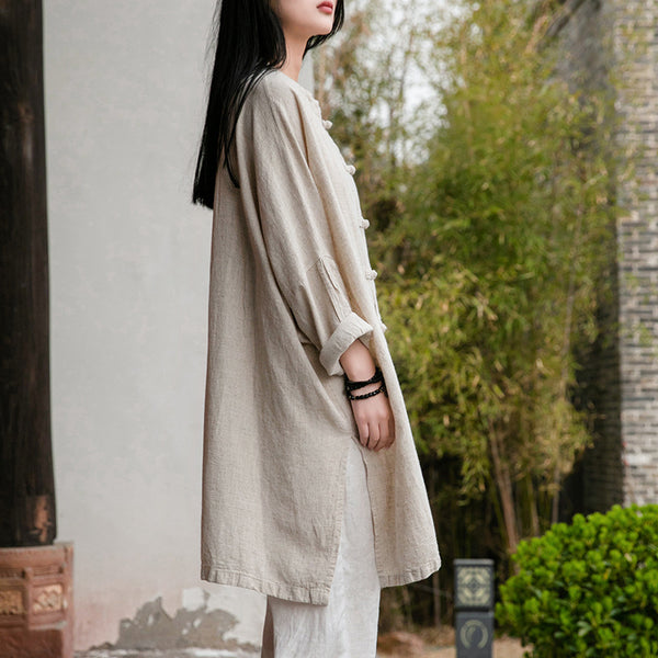 Women Zen Style Linen and Cotton Long Sleeves Thin Tunic Jacket