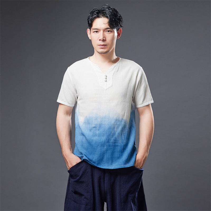 Summer NEW! Men Natural Dyed Linen and Cotton Short Sleeve T-Shirts