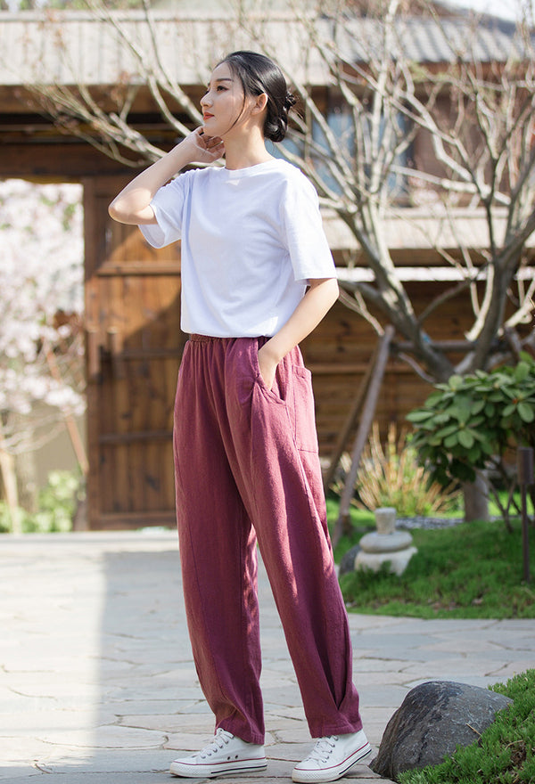 2022 Summer NEW! Women Causal Style Lantern Leisure Sand Washed Linen and Cotton Patchwork Pants