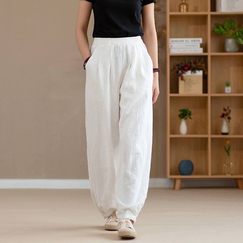 Summer NEW! Women Simple Causal Lantern Style Sand Washed Linen and Cotton Pants