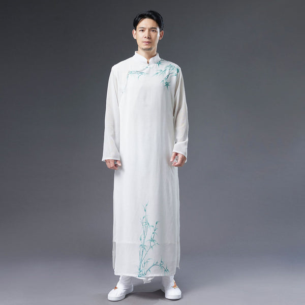 Men Classic Asian Style Linen Long Sleeve Round Collar Bamboo Printed Cheongsam