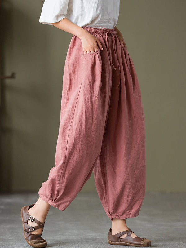 2021 Autumn NEW! Women Lantern Style Linen and Cotton Causal with Waist Belt Loose Cropped Pants