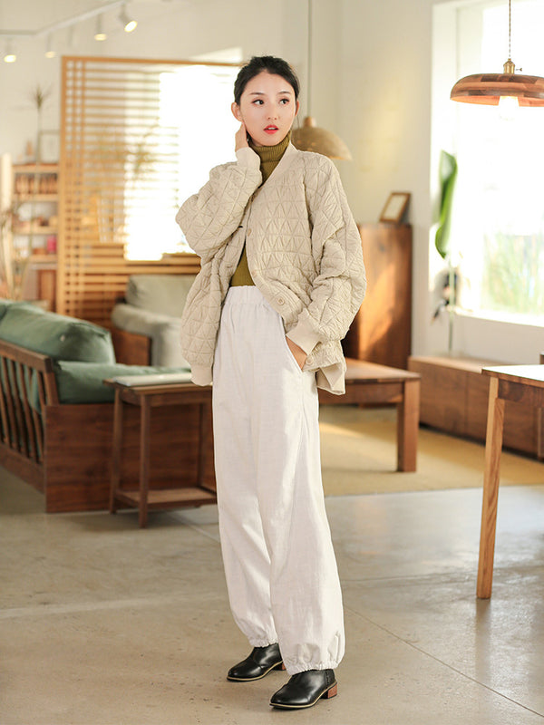 2021 Winter NEW! Women Sand-Washed Linen and Cotton Loose Lantern Quilted Pants