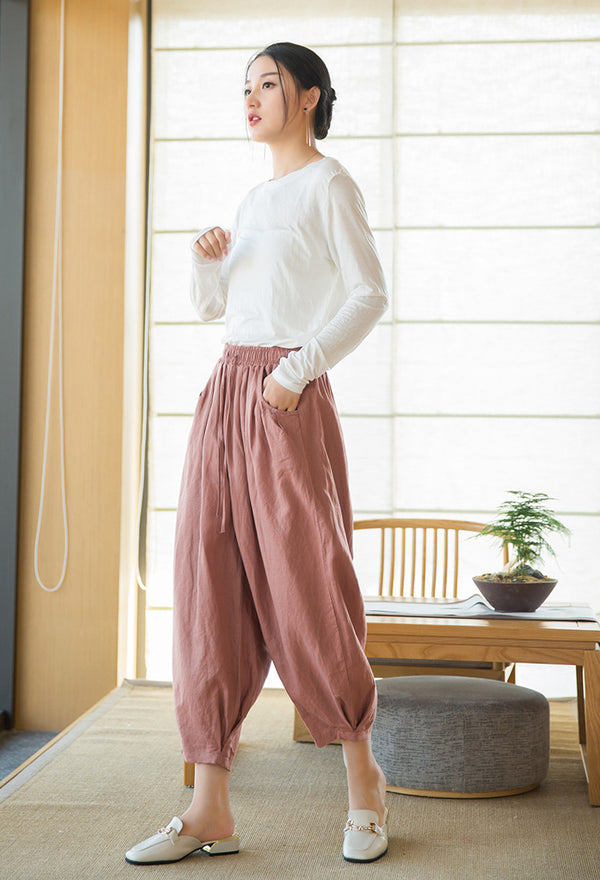 2022 Summer NEW! Women Modern Style Sand Washed Linen and Cotton Lantern Cropped Pants