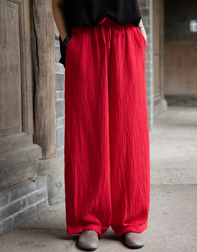 Women Retro Causal Lantern Style Linen and Cotton Wrinkle Pants