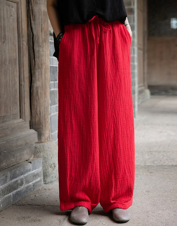 Women Retro Causal Lantern Style Linen and Cotton Wrinkle Pants