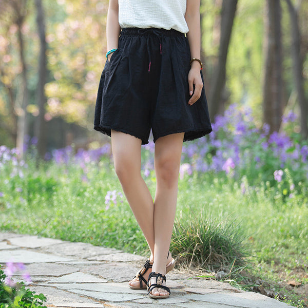 Women Simple Style Linen and Cotton Loose Shorts