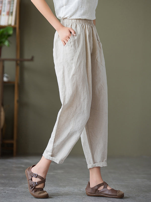 2021 Autumn NEW! Women Lantern Style Linen and Cotton Causal Patchwork Front Pocket Cropped Capris