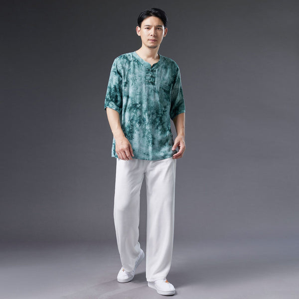 Men Causal Style Linen and Cotton Short Sleeve Dyed Color Tops