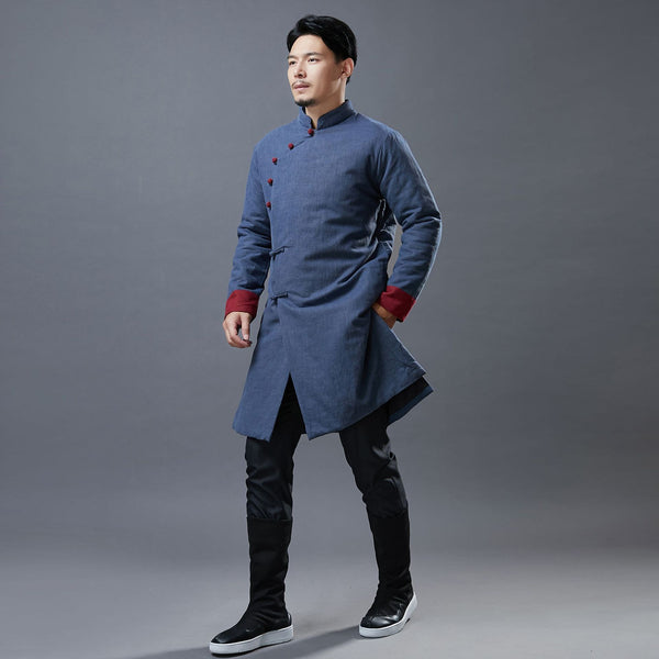 Men Simple Pure Color Style Linen and Cotton Middle Length Side Buckle Quilted Jacket