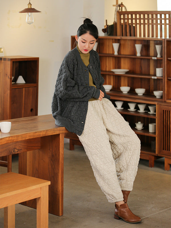 2021 Winter NEW! Women Linen and Cotton Hidden Grid Style Lantern Cropped Pants
