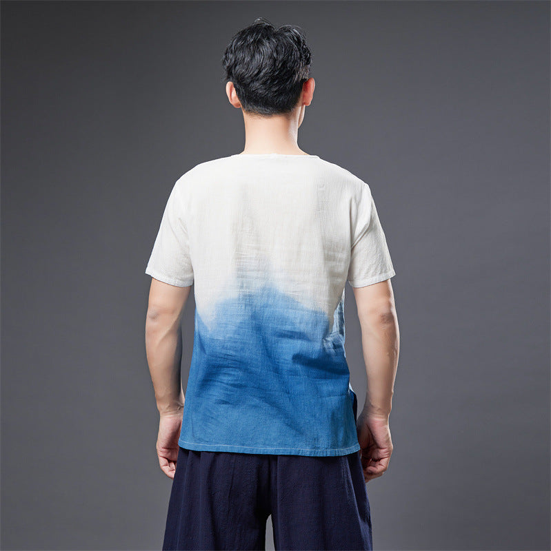 Summer NEW! Men Natural Dyed Linen and Cotton Short Sleeve T-Shirts
