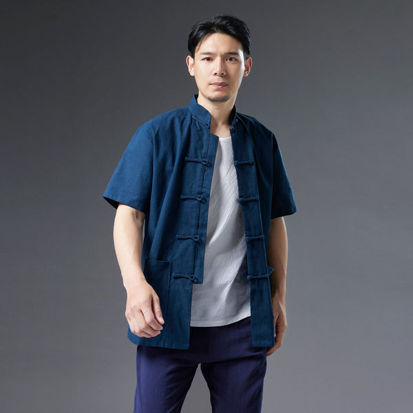 Men Retro Style Linen and Cotton Short Sleeve Pure Color Cardigan Shirts