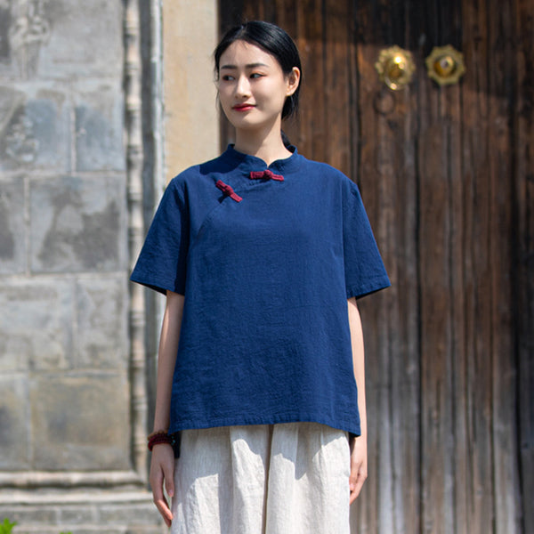 2022 Summer NEW! Women Eastern Ethnic Style Wrinkled Linen and Cotton Short Sleeves Shirt