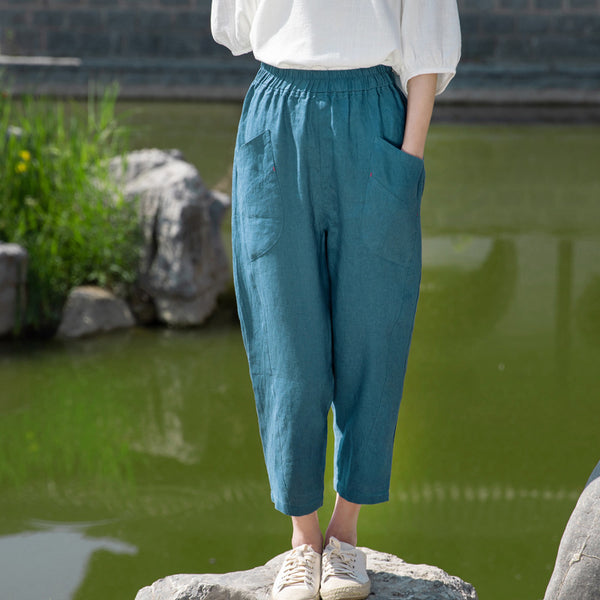 2022 Summer NEW! Women Retro Style Sand Washed Linen and Cotton Font Pocket Pegged Pants