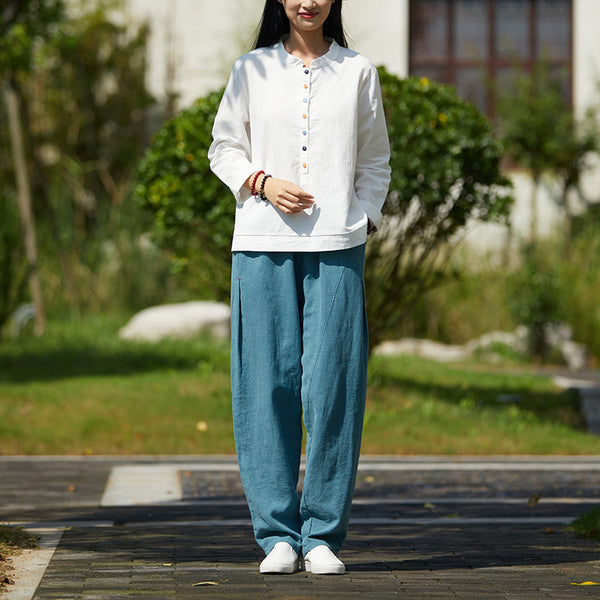 2021 Autumn NEW! Women Simple Light Style Linen and Cotton Pure Color Top Buckle Blouse Shirt