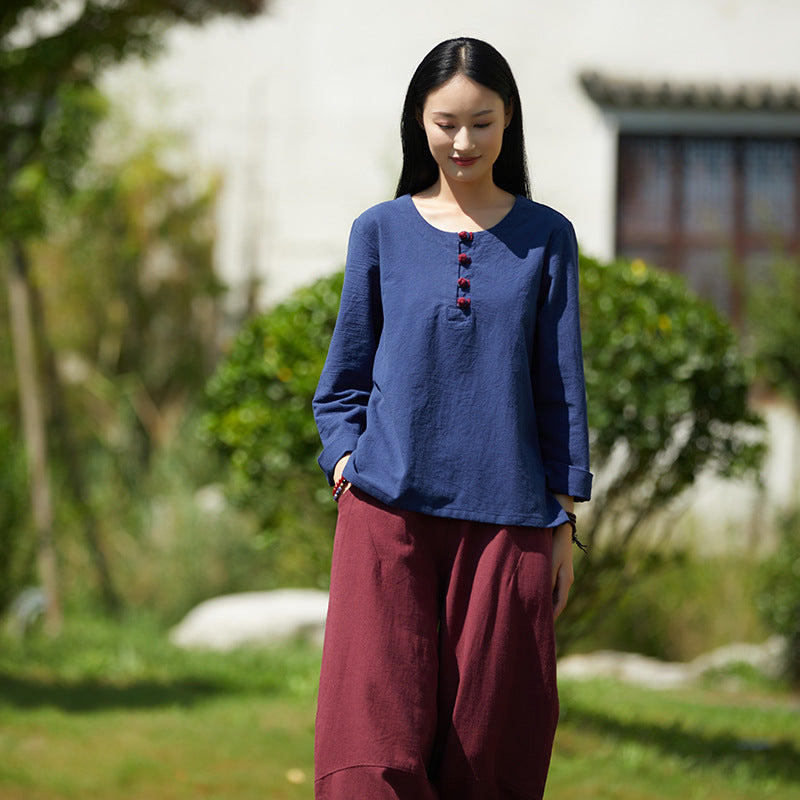 Autumn NEW! Women Retro Style Linen and Cotton Pure Color Top Buckle T-Shirt