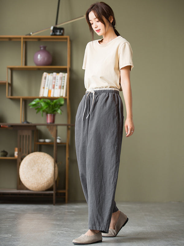 2021 Autumn NEW! Women Lantern Style Linen and Cotton Causal Loose with Waist Belt Cropped Pants