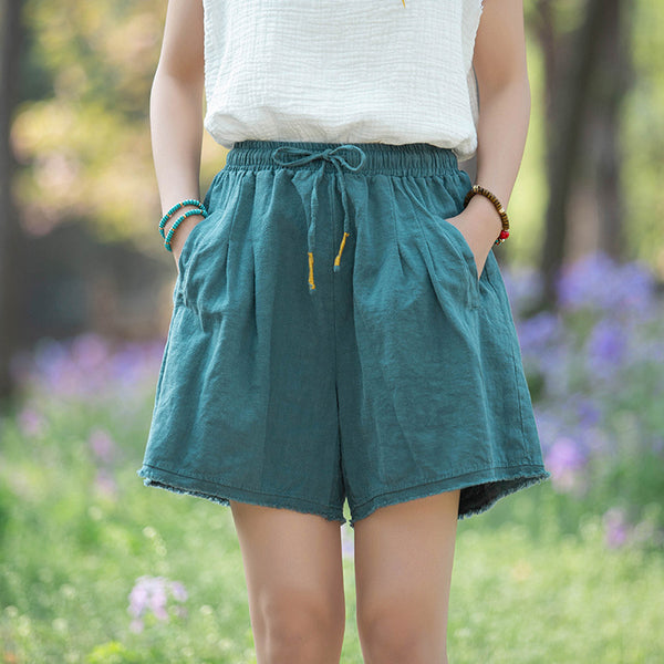 Women Simple Style Linen and Cotton Loose Shorts