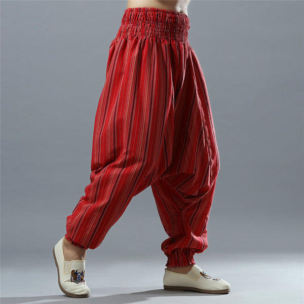 Men Casual Loose Stripe Patterned Cotton and Linen Hanging Crotch Pants