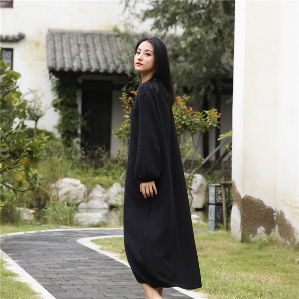 Retro Chinese Style Women Winkled Linen and Cotton Long Sleeve Dress