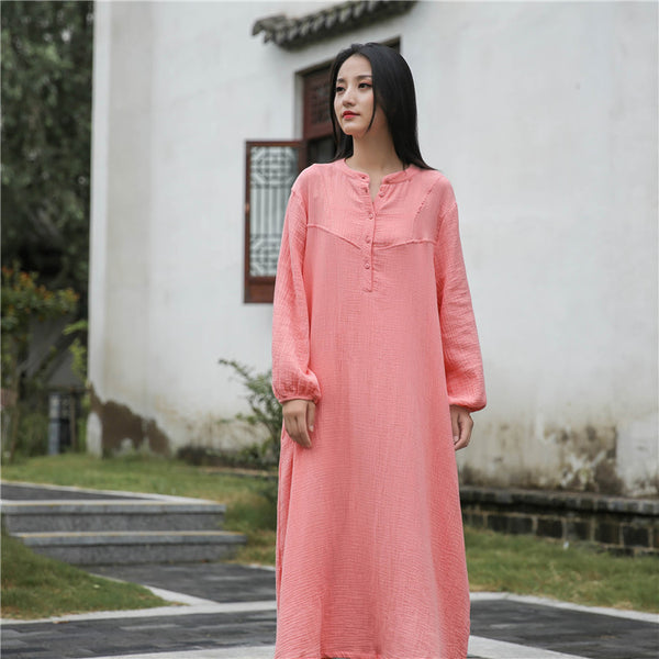 Retro Chinese Style Women Winkled Linen and Cotton Long Sleeve Dress