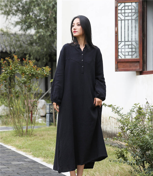 Retro Chinese Style Women Winkled Linen and Cotton Long Sleeve Dress